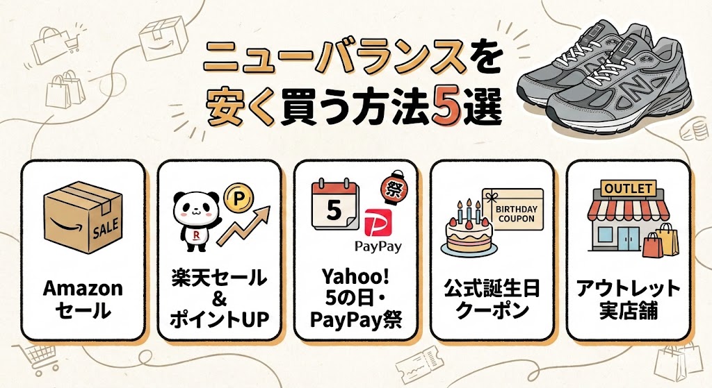 ニューバランスを安く買う5つのルート（Amazonセール、楽天セール＆ポイントUP、Yahoo! 5の日・PayPay祭、公式誕生日クーポン、アウトレット実店舗）のアイコン一覧。