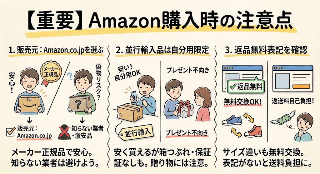 Amazonで購入する際の3つの重要ポイント（販売元がAmazon.co.jpか、並行輸入品の性質、返品無料表記の確認）を解説。