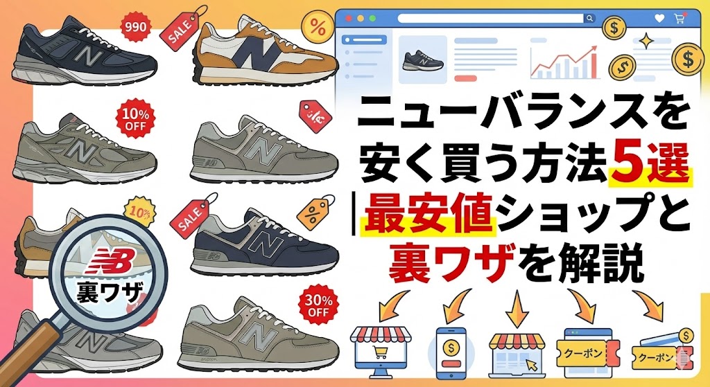 ニューバランスを安く買う方法5選　複数のスニーカーイラストと共に「最安値ショップと裏ワザを解説」というタイトル文字。