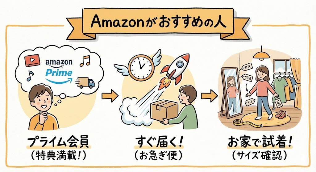 Amazonがおすすめな人の特徴（プライム会員、急ぎで欲しい人、自宅で試着したい人）を3つのステップで紹介するイラスト。