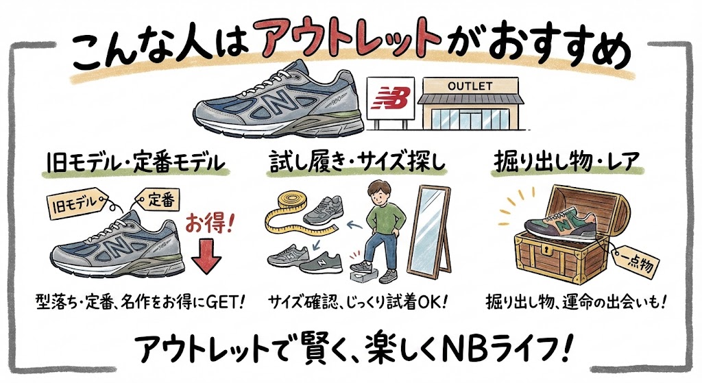 ニューバランスのアウトレット利用がおすすめな人の特徴解説図。旧モデルや定番モデルを安く買いたい人、じっくり試着してサイズを確認したい人、一点物の掘り出し物やレアモデルを探している人に向けたメリットをイラストで紹介。