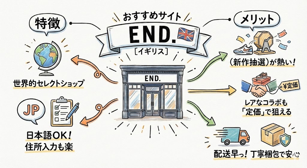 イギリスの世界的セレクトショップ「END.」の紹介。日本語対応や丁寧な梱包、レアなコラボモデルを定価で狙えるメリットの解説。