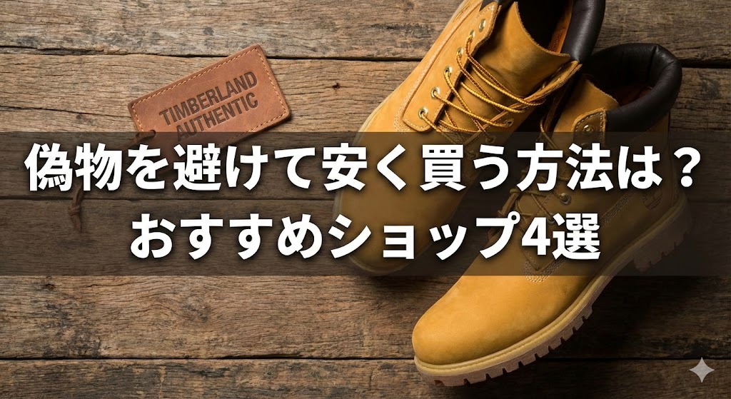 ティンバーランドのネット通販完全ガイドのアイキャッチ。偽物を避けるコツ、安全な店選び、安く買う方法を網羅した解説画像。