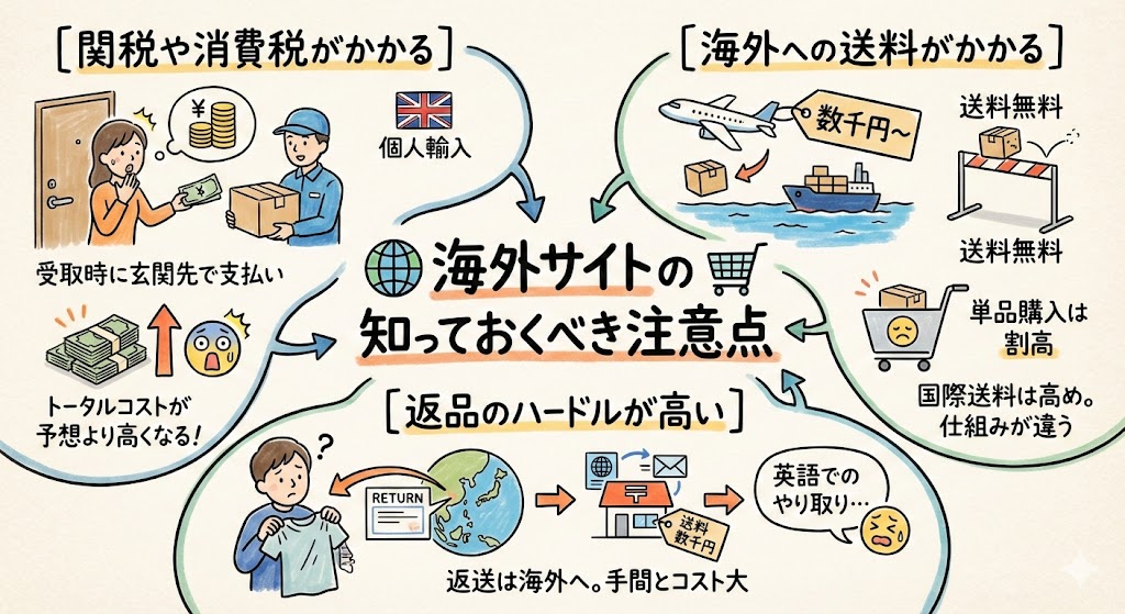 海外サイトで購入する際の注意点まとめ。関税・消費税の支払い、数千円かかる国際送料、英語でのやり取りが必要な返品のハードルなど、トータルコストが高くなるリスクを図解。