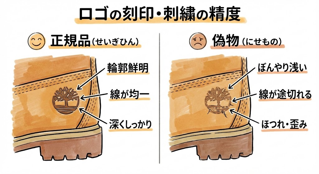ティンバーランドのロゴ刻印の比較画像。正規品は輪郭が鮮明で深く均一な彫り。偽物は彫りが浅く、線が途切れたり周囲にほつれや歪みがある様子を解説。