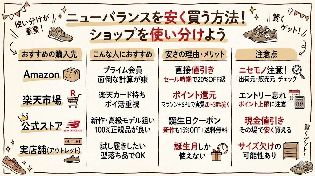 Amazon、楽天市場、公式ストア、実店舗の4つの購入先について、おすすめな人、メリット、注意点をまとめた比較一覧表。