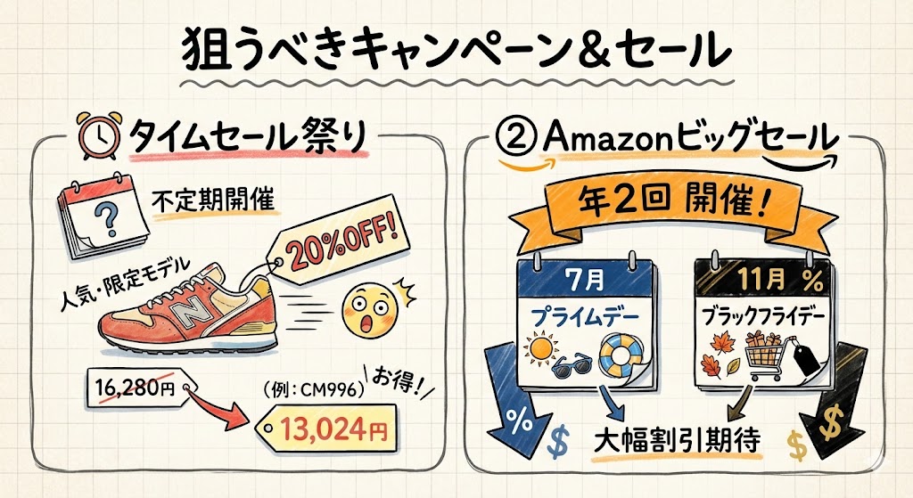 Amazonで狙うべきセール（不定期開催のタイムセール祭り、7月のプライムデー、11月のブラックフライデー）の解説図。