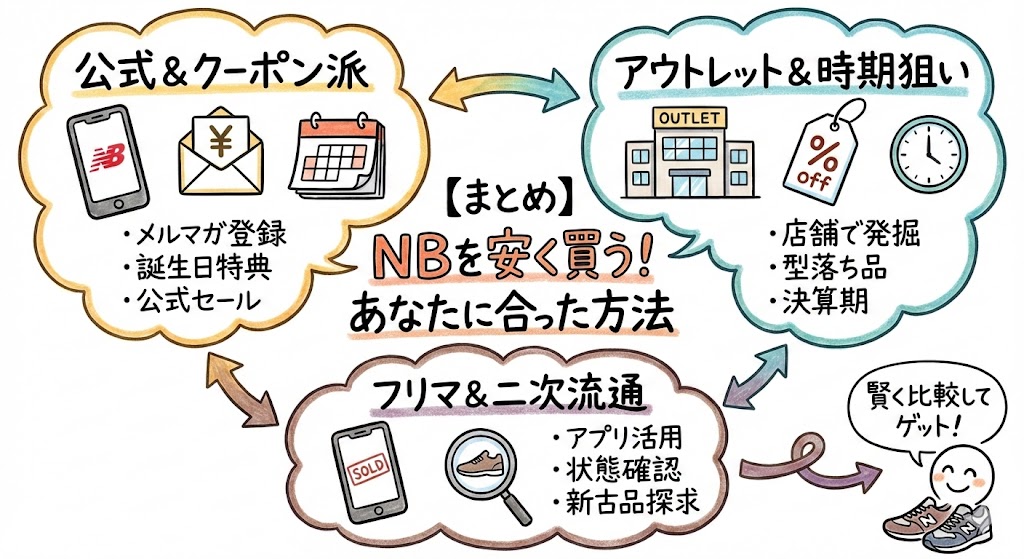 まとめ：あなたに合った購入方法。公式＆クーポン派、アウトレット＆時期狙い、フリマ＆二次流通の3つのタイプ別に賢く買うコツを図解。