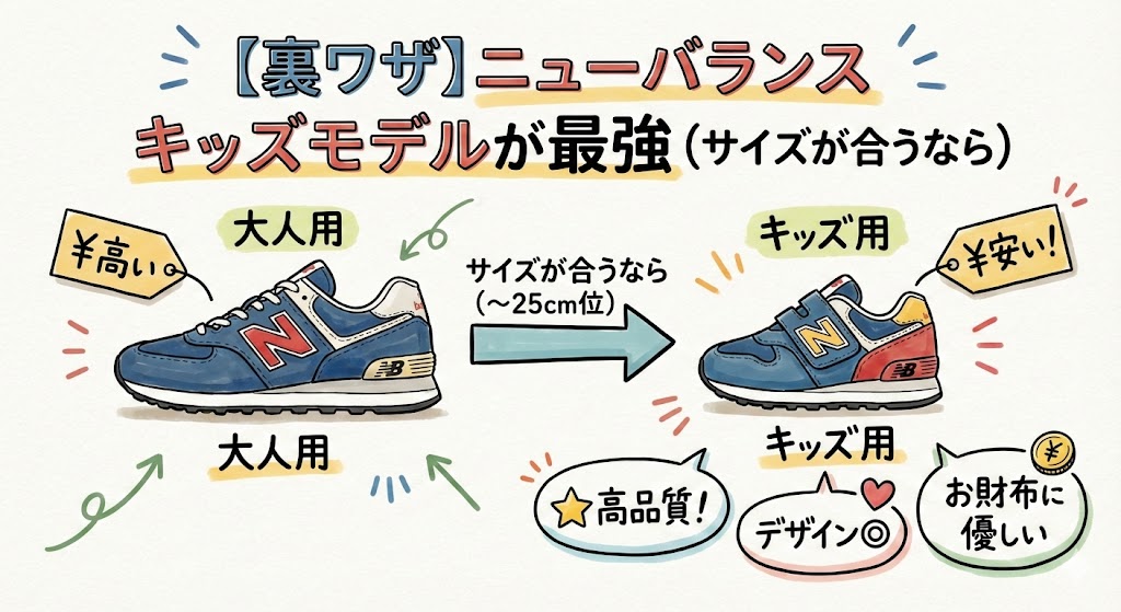 裏ワザとしてのキッズモデル活用術。大人用と同じデザインで高品質なキッズ用（25cm程度まで）を、サイズが合う大人が選ぶことで安く手に入れる方法の図解。