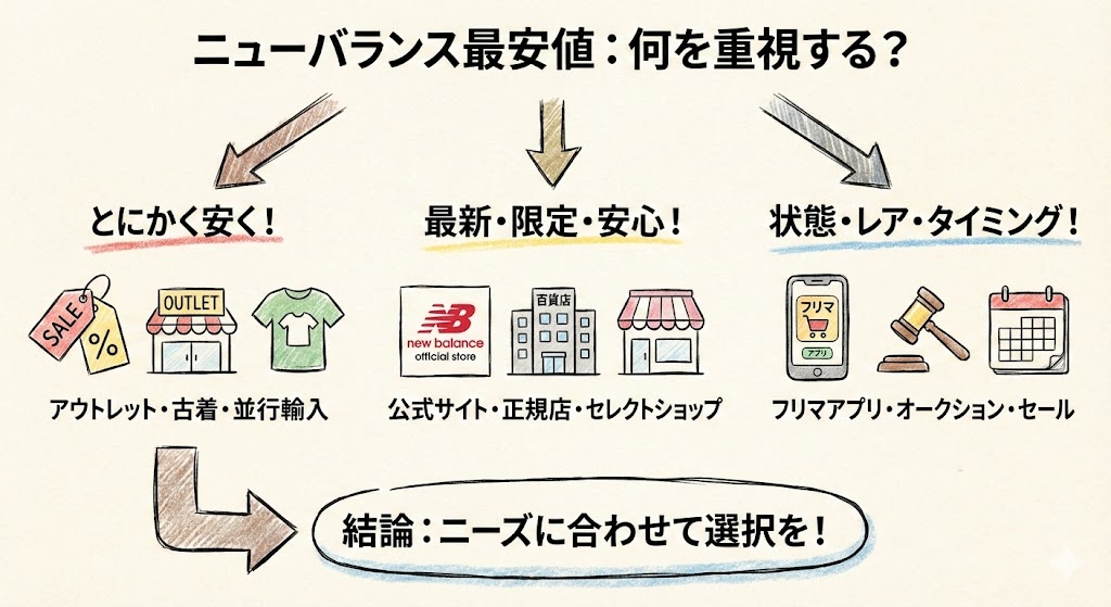 ニューバランス最安値の選び方。安さ重視（アウトレット）、新しさ重視（公式）、レア度重視（フリマ）など、ニーズに合わせた選択を促すチャート。