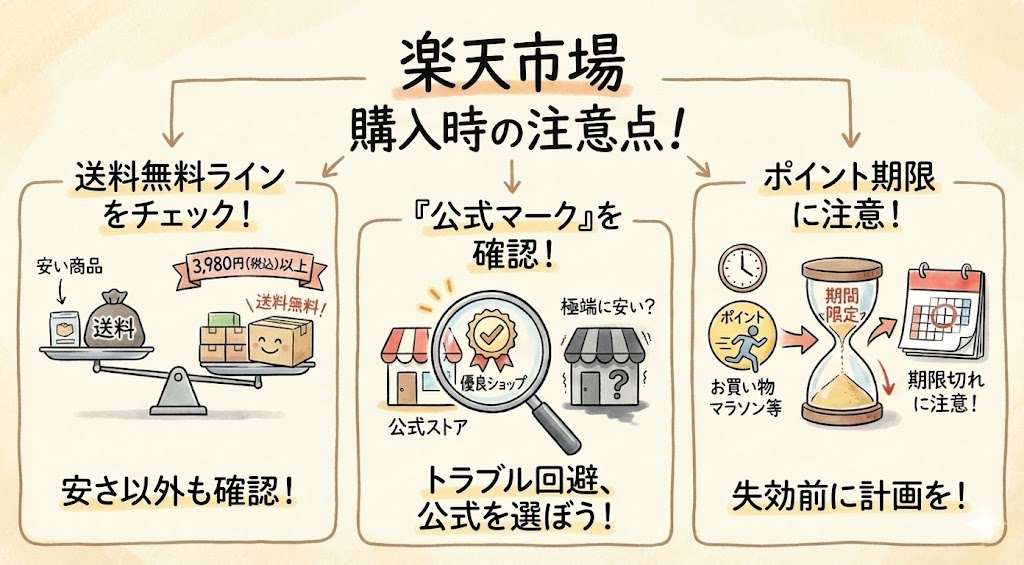 楽天市場で購入する際の3つの注意点（送料無料ライン、公式マークの確認、ポイント期限）をイラストで解説。