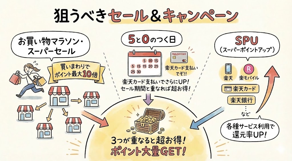 楽天市場でお得に買うための戦略。お買い物マラソン、5と0のつく日、SPUの3つを重ねてポイント大量獲得を狙う図解。
