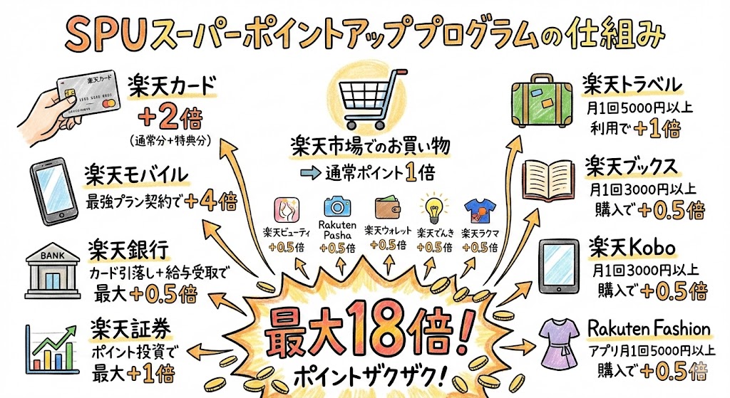 楽天SPU（スーパーポイントアッププログラム）の仕組み図解。楽天カード、モバイル、銀行などの利用でポイントが最大18倍になるイメージ。