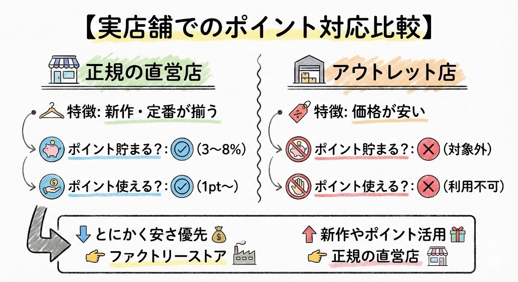 実店舗でのポイント対応比較。正規直営店は新作が揃いポイントが貯まる・使えるが、アウトレット店は価格が安い代わりにポイント対象外であることを比較。