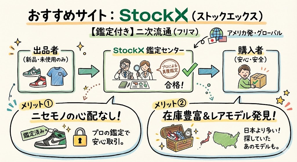 鑑定付き二次流通サイト「StockX」の仕組み。プロによる真贋鑑定を経て購入者に届く流れや、在庫豊富でレアモデルも安心して買えるメリットの紹介。
