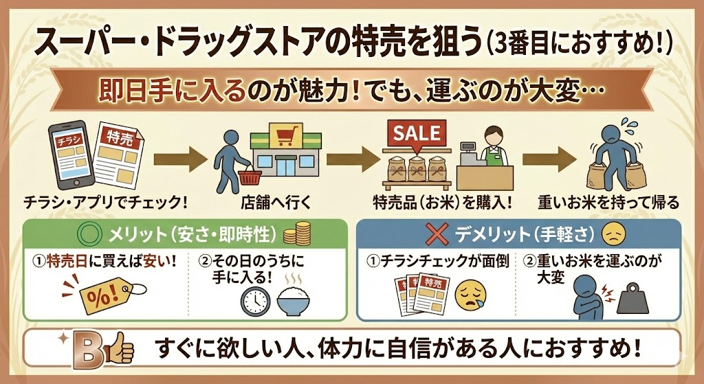 スーパー・ドラッグストアの特売を狙う