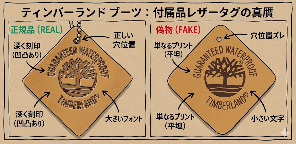 ティンバーランドの付属品レザータグの比較画像。正規品は穴の位置が正しくロゴが深く刻印されフォントも大きい。偽物は穴の位置がズレており、ロゴが平坦なプリントで文字が小さい様子を解説。