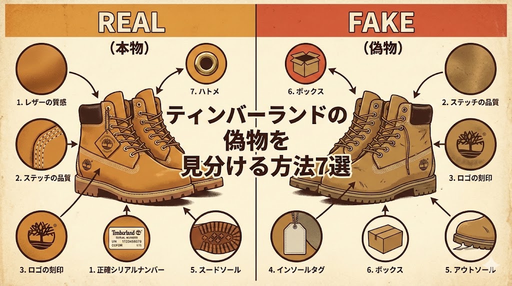 ティンバーランドの偽物を見分ける7つのポイントの全体図。本物（REAL）と偽物（FAKE）を並べ、レザー、ステッチ、ロゴ、タグ、ソール、ボックス、ハトメの各チェック箇所をイラストで解説。