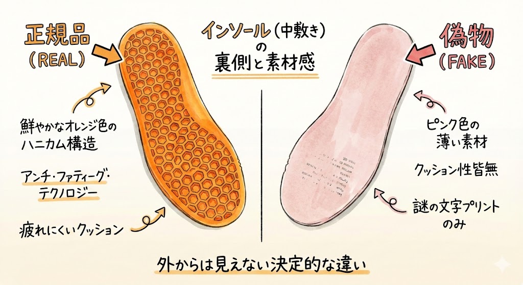 ティンバーランドのインソールの裏側の比較画像。正規品はオレンジ色のハニカム構造（アンチ・ファティーグ・テクノロジー）。偽物はピンク色の薄い素材でクッション性がなく謎の文字プリントのみ。