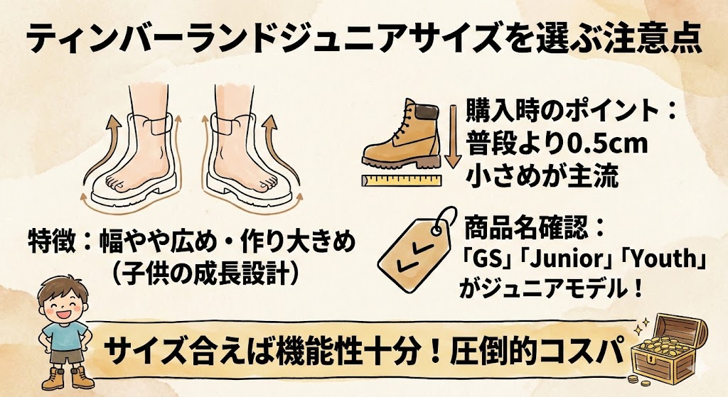 ジュニアサイズ選びの注意点。子供の成長を考慮した設計のため幅が広め・作りが大きめであることや、「GS」「Youth」の表記を確認するよう促す図解。