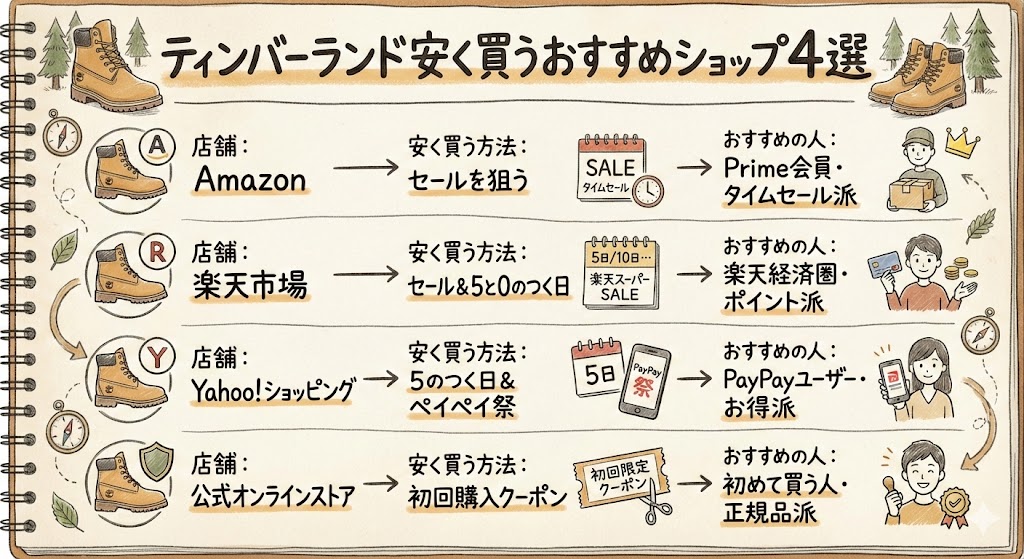 ティンバーランドを安く買うおすすめショップ4選の比較図。Amazon、楽天市場、Yahoo!ショッピング、公式サイトそれぞれのセール時期やポイント還元、おすすめのユーザー層を一覧表で解説。