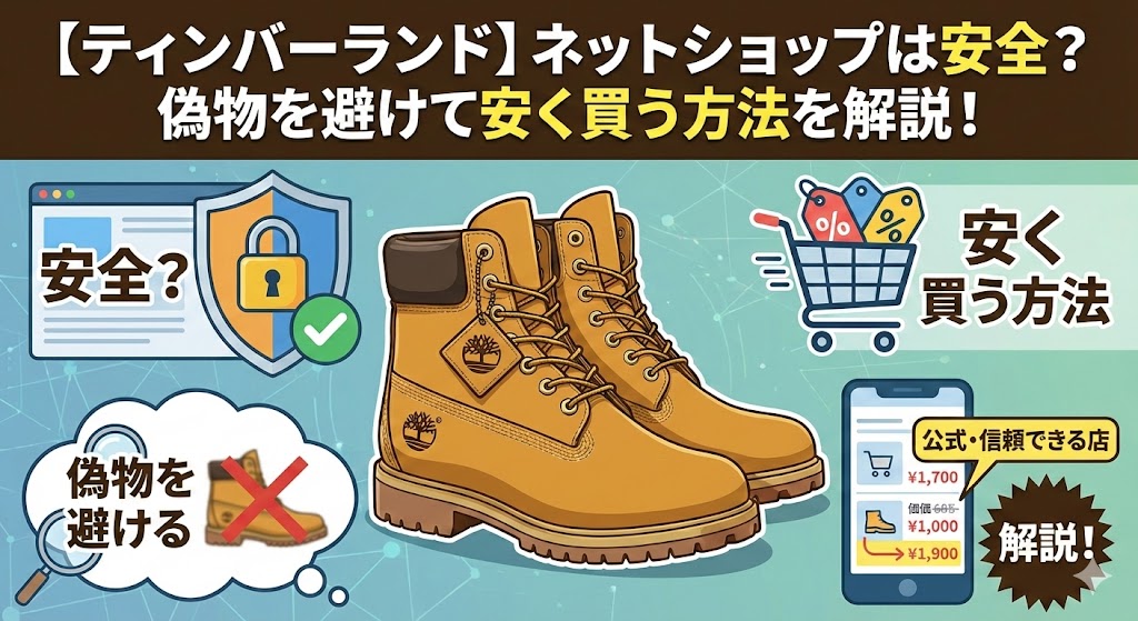 ティンバーランドのネット通販完全ガイドのアイキャッチ。偽物を避けるコツ、安全な店選び、安く買う方法を網羅した解説画像。