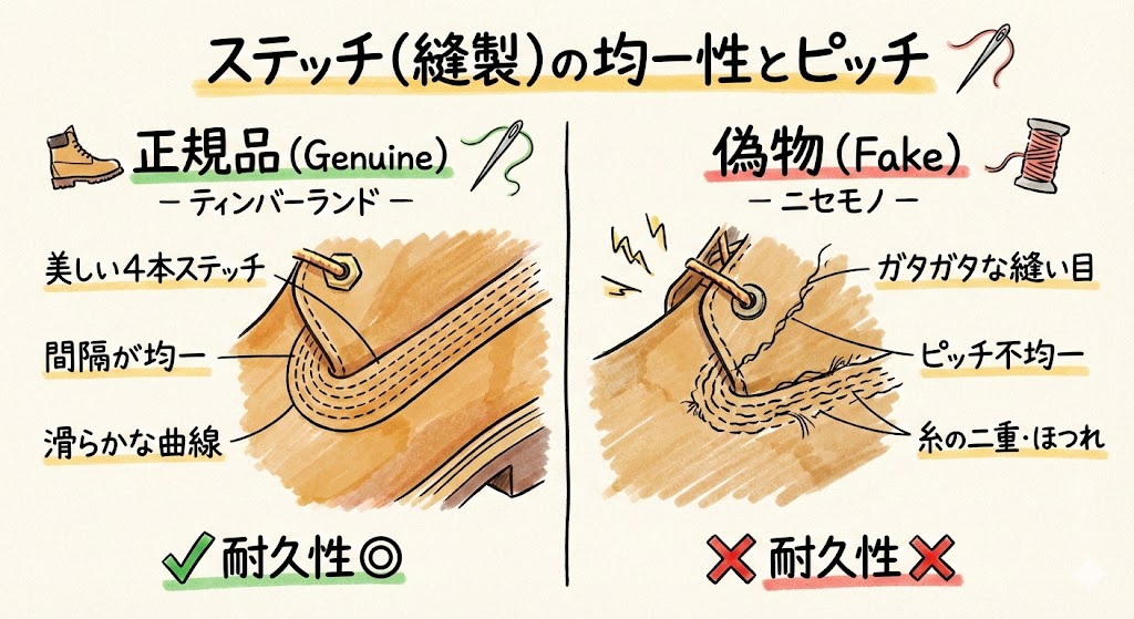 ティンバーランドの縫製（ステッチ）の比較画像。正規品は均一な間隔の美しい4本ステッチと滑らかな曲線。偽物は縫い目がガタガタでピッチが不均一、糸のほつれがある様子を解説。