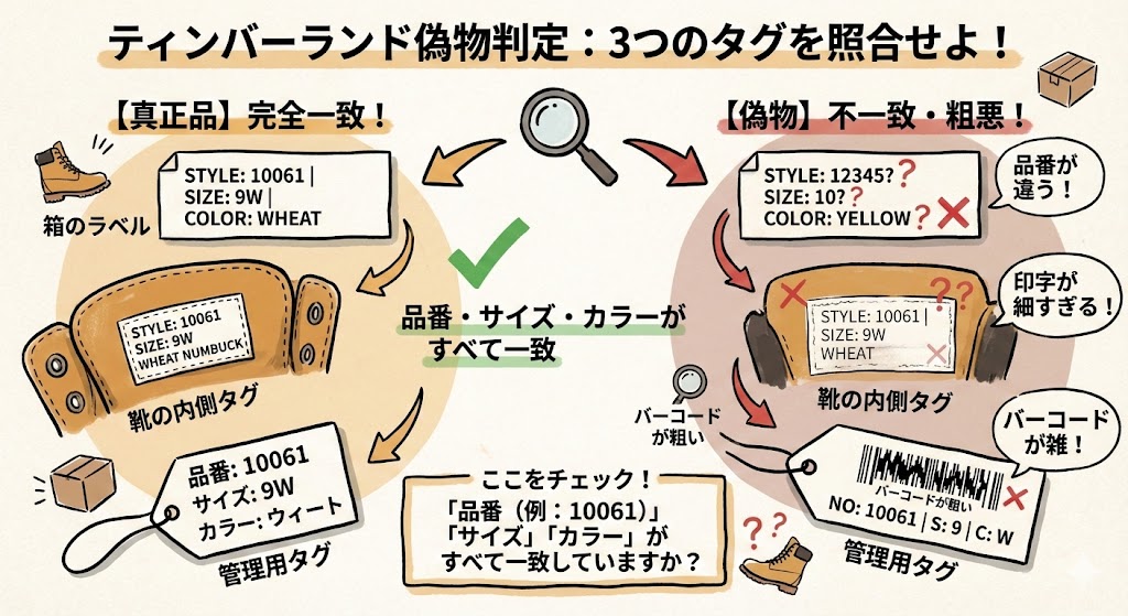 ティンバーランドの偽物判定タグ照合法。箱のラベル、靴の内側タグ、管理用タグの3箇所で「品番」「サイズ」「カラー」がすべて一致しているか確認する手順を解説。