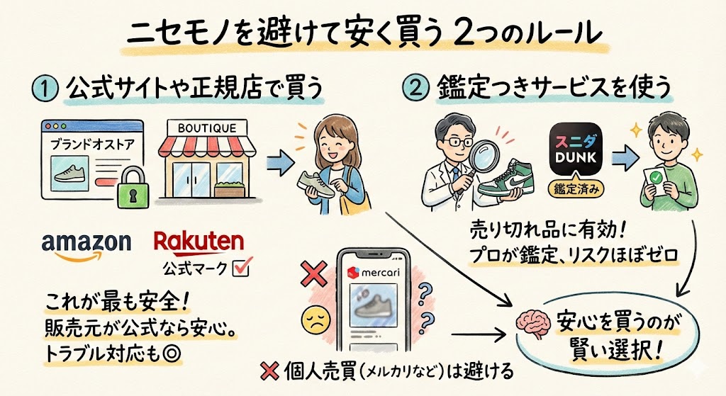 偽物を避けて安く買うための2つのルール。公式サイトや公式マークのある正規店で買うこと、およびスニダン等のプロ鑑定付きサービスを活用する賢い選択を推奨。