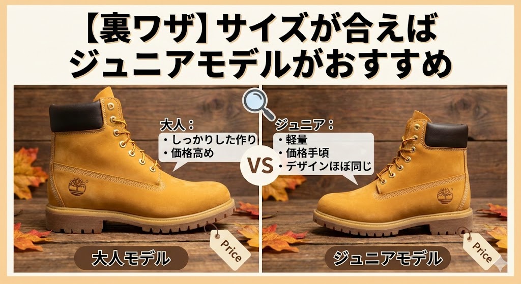 大人モデルとジュニアモデルの比較。見た目はほぼ同じだが、ジュニア用は軽量で価格が手頃（約1万円安い）という裏ワザを紹介。