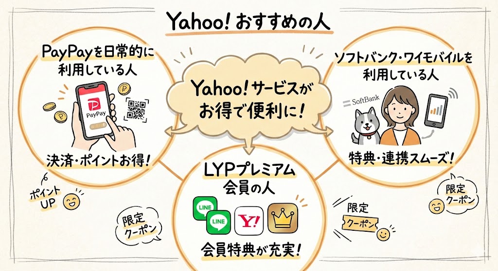 Yahoo!ショッピングがおすすめな人。PayPay日常利用者、ソフトバンク・ワイモバイルユーザー、LYPプレミアム会員のメリット（限定クーポン等）を紹介。