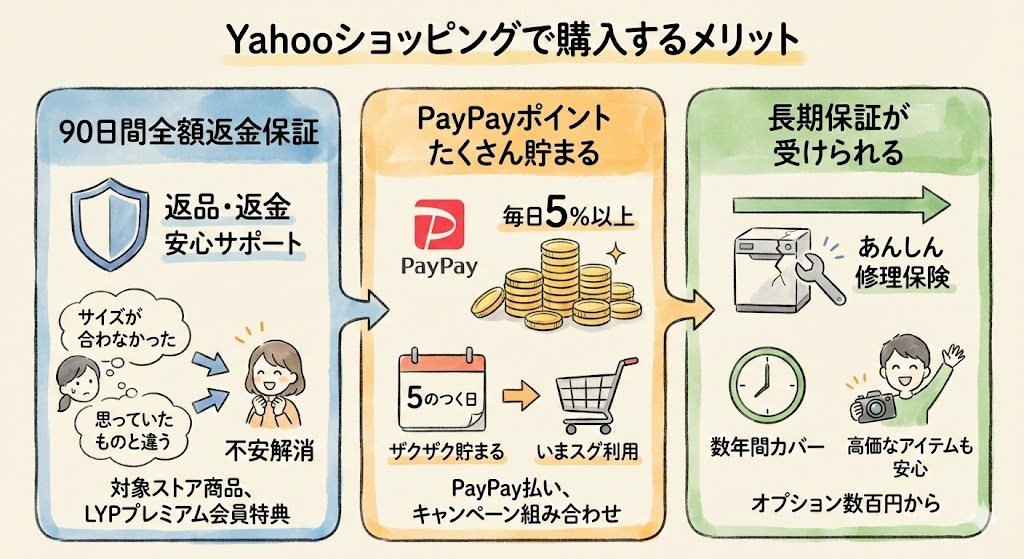 Yahoo!ショッピングで購入する3大メリット。90日間全額返金保証（安心サポート）、毎日5%以上のPayPayポイント還元、安価なオプションでの長期修理保険