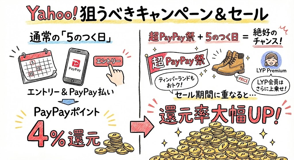 Yahoo!ショッピングの攻略。5のつく日の4%還元や、超PayPay祭とLYPプレミアム特典を組み合わせたポイント還元率アップの仕組みを解説。